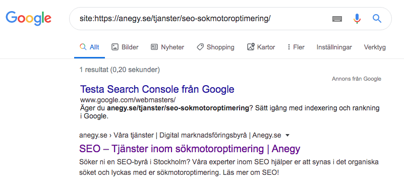 Genom att söka på Site:"din-url" kan du se om Google har sidan i indexet