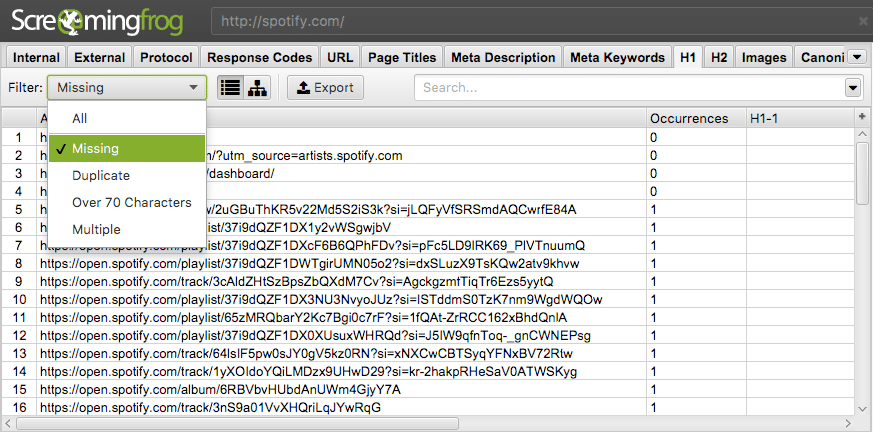 Hitta sidor utan H1:or i Screaming Frog