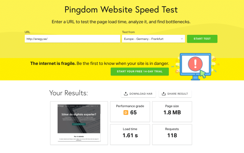 Fyll i din URL så hjälper Pingdom dig med förslag på åtgärder